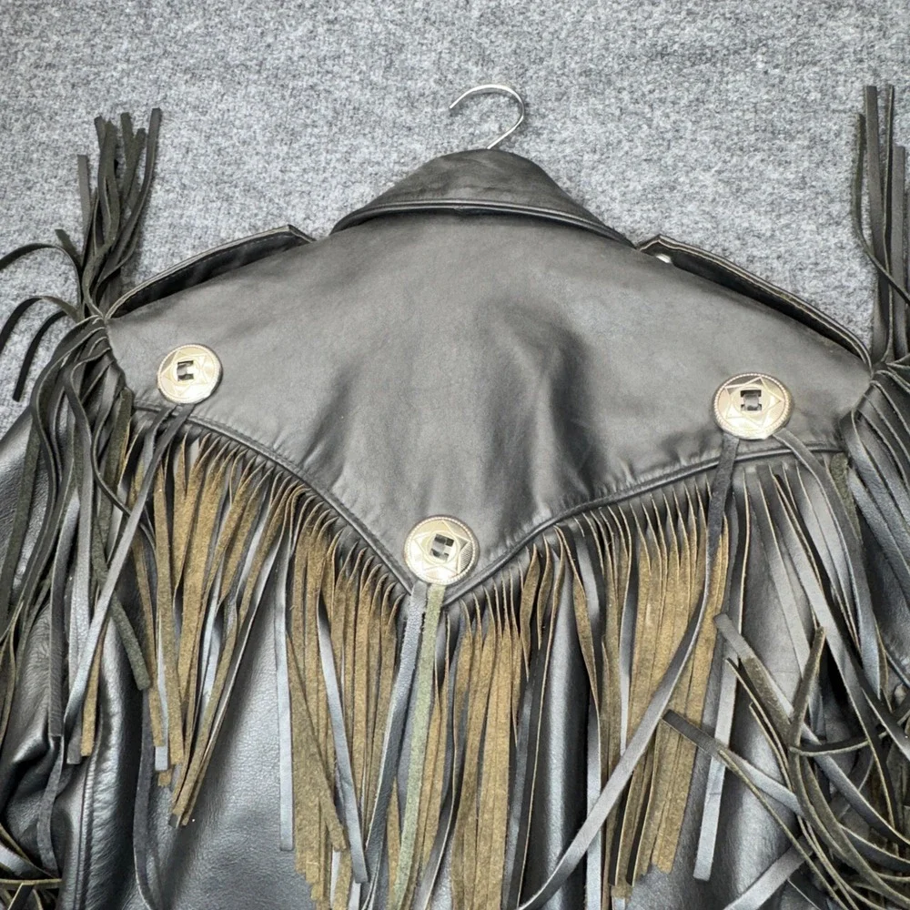 Vintage Schott NYC Duro Jac Jacket Womens 14 Black Leather Fringe Concho Biker